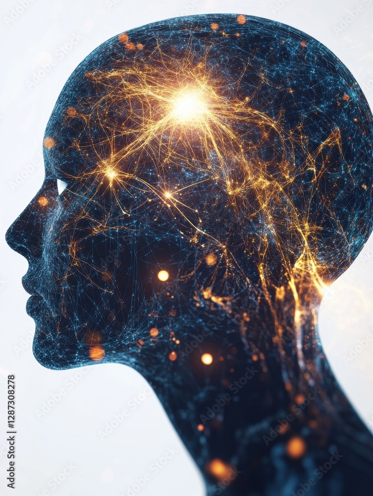 Aufkleber profile of a head with glowing synapses and neural connections, highlighting ai and cybernetic featu