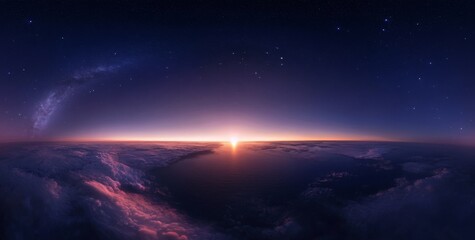 Fototapeta premium Aerial Sunrise Above Clouds, Starry Night, Galaxy