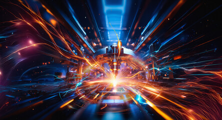 Futuristic corridor illuminated by vibrant blue and orange lights creates a dynamic sense of motion through a metallic structure. Glowing streams enhance the industrial and technological atmosphere.