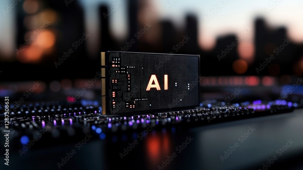 Poster ai technology concept with microchip and circuit board layers in urban cityscape background at dusk