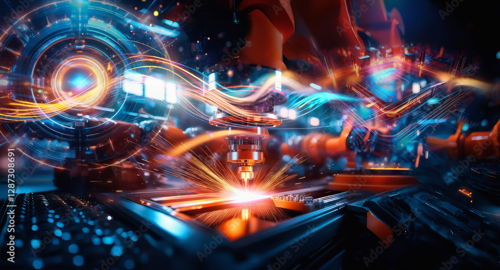Poster automated robotic arm precisely welds metal, creating bright sparks in a dark industrial setting, sh