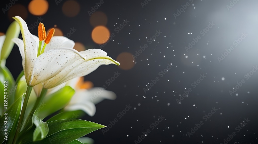 Poster elegant white lily bloom with soft sparkles and bokeh effect in a dark background for nature photogr