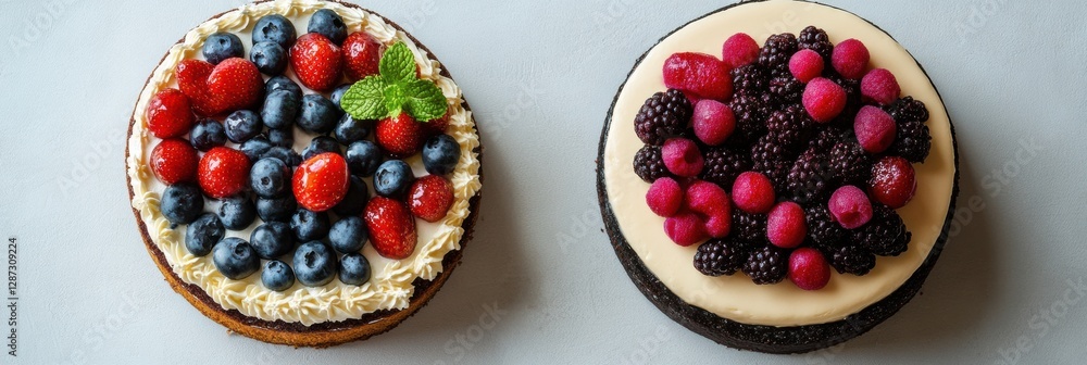 Poster delicious berry cakes with cream and chocolate crusts on a light surface. generative ai