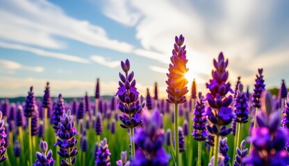 Naklejka premium A serene twilight landscape unfolds, featuring a field of blooming lavender, its delicate purple flowers reaching towards a soft, pastel-colored sky.