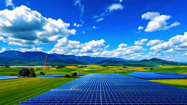 Expansive solar panel field under a bright blue sky with fluffy clouds and distant mountains