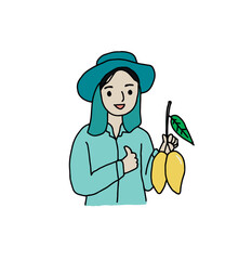 Happy farmer holding yellow mango, hand drawn style vector illustration