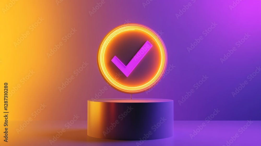 Poster neon purple check mark inside glowing circle on pedestal with yellow and purple gradient background.