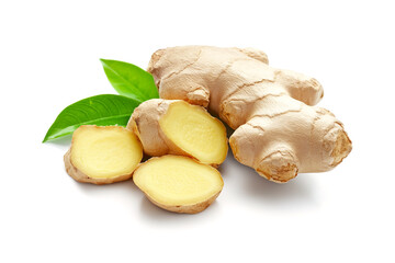 Fresh ginger root on white background for herb and medical product concept, Generative AI Illustration