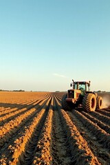 Fototapeta premium A powerful tractor cultivates a vast field, preparing the fertile soil for planting under a clear, expansive sky, showcasing the agricultural process in its glory.