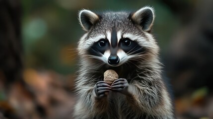 Raccoon holding a small toy in its paws, looking curious.