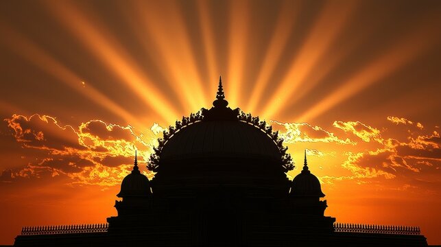 Majestic architectural silhouette against vibrant sunset with rays of sunlight illuminating colorful clouds