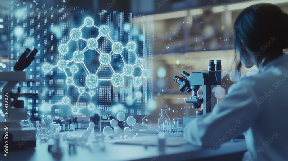 Aufkleber scientist studying molecular structure on screen in lab research microscope