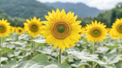 Fototapeta premium Sunflowers blooming in mountain field, summer