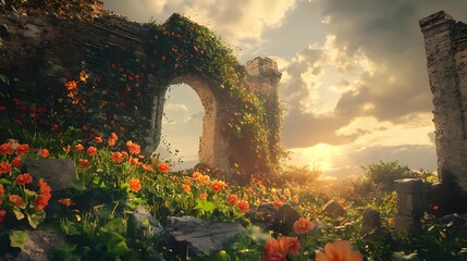 Ancient ruins adorned with vibrant flowers under a sunset sky, creating a serene and picturesque landscape