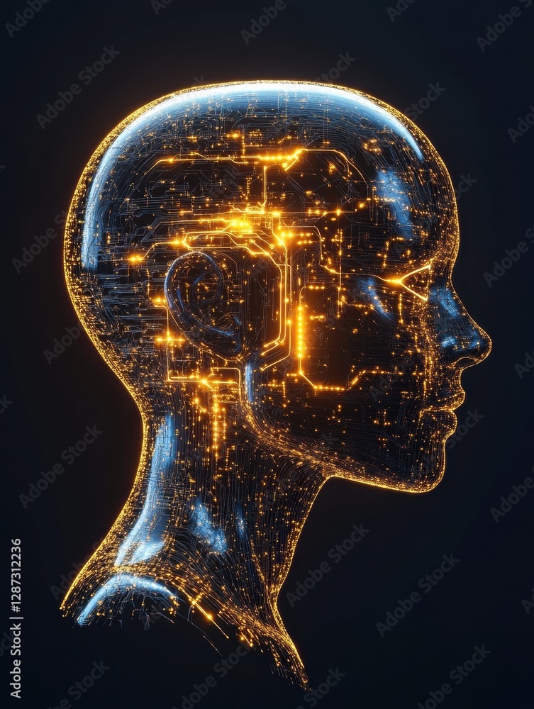 Aufkleber Human head profile showcasing complex neural connections and glowing synapses representing artificial intelligence and cybernetics. Generative AI
