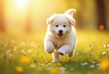 Happy Puppy Running Through Wildflowers in a Sunlit Meadow. Generative AI