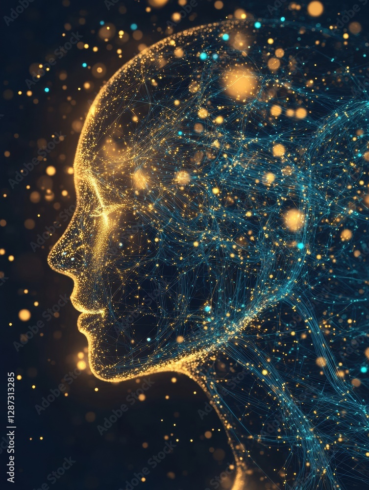 Poster Profile of a human head with glowing synapses, representing AI and cybernetics. Generative AI