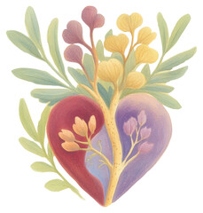 PNG Botanical heart illustration floral leaves.