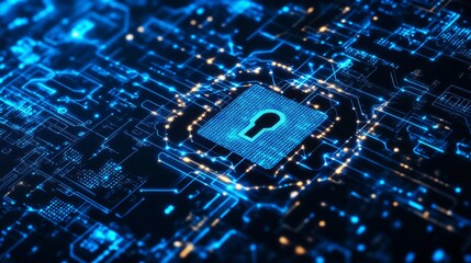 Futuristic cybersecurity technology background featuring digital data protection with abstract polygons, dots, and lines on a dark high-tech network grid"