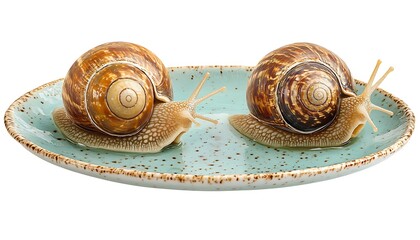 Two snails on plate, studio shot, white background, food