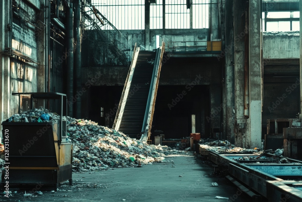 Poster Industrial recycling plant features conveyor belts and sorted waste for efficient processing in an open workspace. Generative AI
