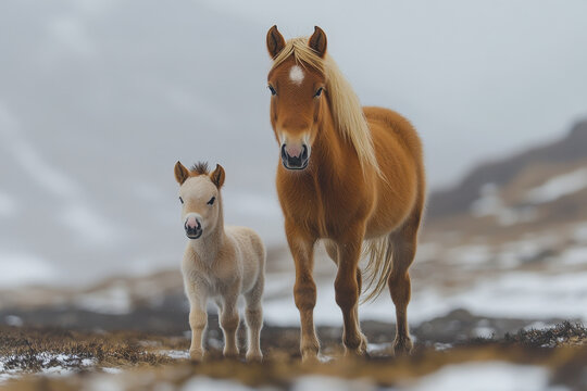 A small brown horse stands next to a larger brown horse