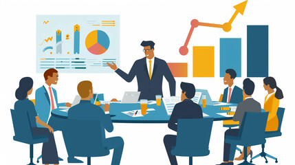 Obraz premium Illustrated business team discussing financial growth and strategy in a corporate meeting