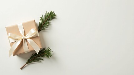 A Simple Gift Wrapped in Kraft Paper with a Delicate Cream Ribbon and Evergreen Sprigs