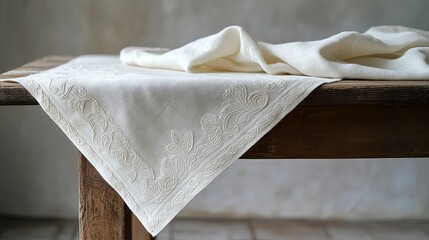 Embroidered Linen Tablecloth on Rustic Wooden Table