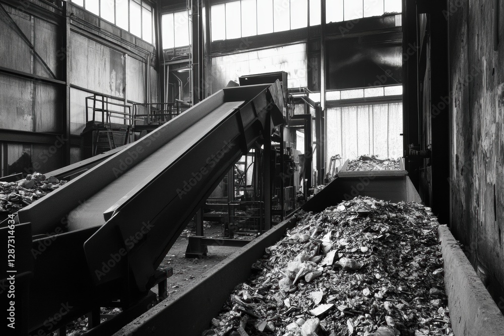 Poster Industrial recycling plant with conveyor belts sorting waste in open space for text. Generative AI