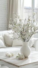 Fototapeta premium Stylish composition in a white interior featuring a wooden coffee table, spring flowers in a vase, and pillows on the sofa, capturing the essence of modern home decor with a focus on elegant details 