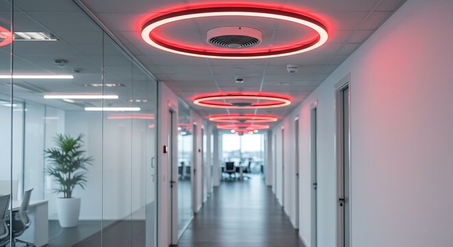 Modern ceiling mounted smoke detector in a bright office hallway during daytime
