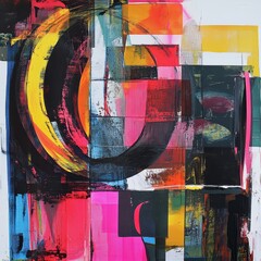 Bold Abstract Composition with Masked Elements Digital Art Contemporary Style Vibrant Colors Unique Perspective Modern Concept