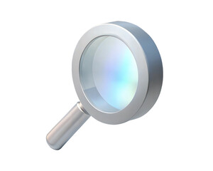 A futuristic, holographic 3D magnifying glass with a sleek silver handle and a glowing lens, isolated on white background, symbolizing search, analysis, and focus in digital design.