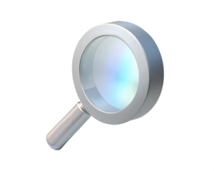 A futuristic, holographic 3D magnifying glass with a sleek silver handle and a glowing lens, isolated on white background, symbolizing search, analysis, and focus in digital design.