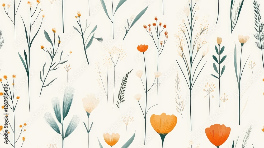 Poster beautiful seamless pattern of various colorful flowers and delicate leaves ideal for use in textiles