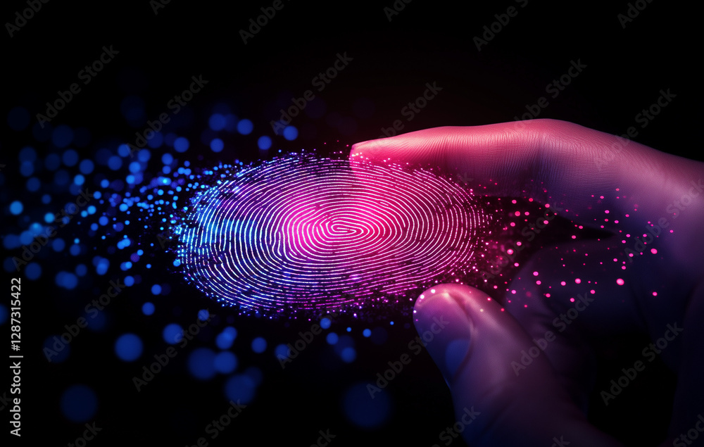 Aufkleber futuristic digital fingerprint scan biometric authentication technology glowing neon fingerprint