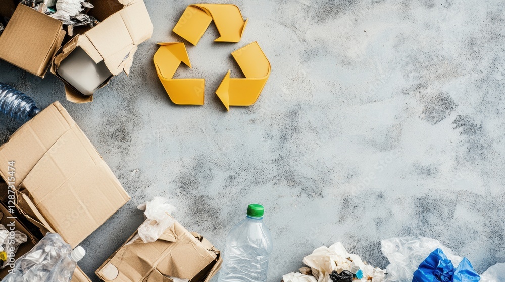 Poster Recycling plant features conveyor belts transporting sorted waste in an industrial environment with space for text layout. Generative AI