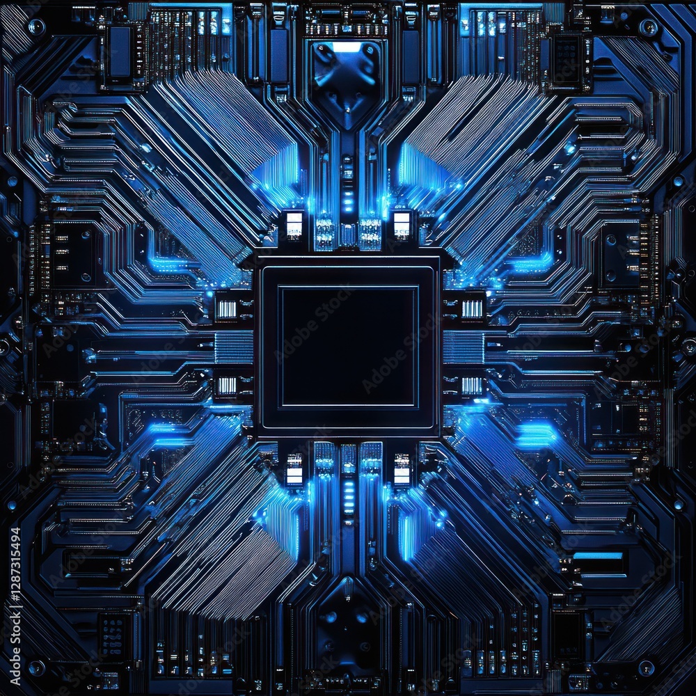 Poster detailed close-up view of a complex computer circuit board with glowing blue lines
