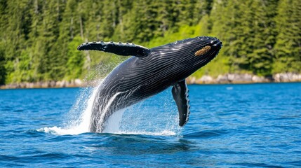 Obraz premium Majestic Humpback Whale Breaching Above Vibrant Ocean Surface
