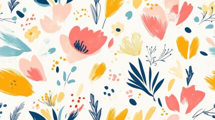 This lively floral pattern features a mix of colorful flowers and leaves, perfect for use in textiles, wallpaper, and seasonal decorations