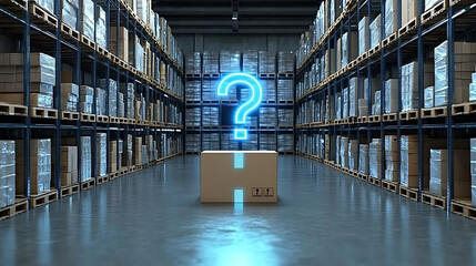 Glowing Blue Question Mark Above Cardboard Box in Warehouse