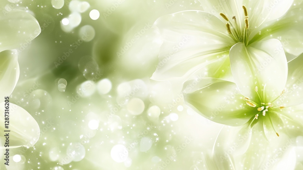 Poster delicate white flowers bloom against a soft bokeh backdrop, creating an elegant seamless spring flor