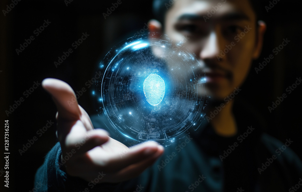 Aufkleber man holding futuristic holographic globe with digital fingerprint interface technology