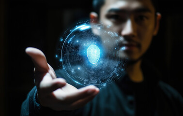 Man Holding Futuristic Holographic Globe with Digital Fingerprint Interface Technology