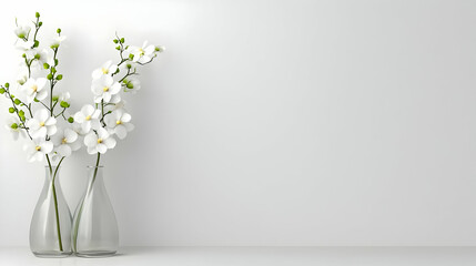 White orchids in glass vases against a white wall, minimalist home decor