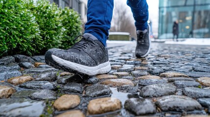 Person walking on cobblestones in winter city
