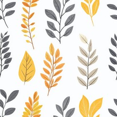 Colorful spring pattern showcases a variety of leaves in yellow, gray, and beige hues, ideal for textiles, wallpaper, and seasonal decor projects