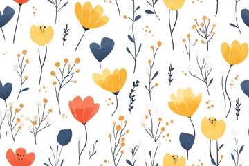 This seamless floral pattern showcases an array of colorful flowers and leaves, perfect for spring and summer decor, textiles, and wallpaper designs