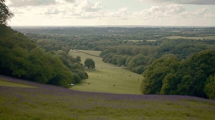Obraz premium Hilltop Lavender Field Overlooking Rural Landscape